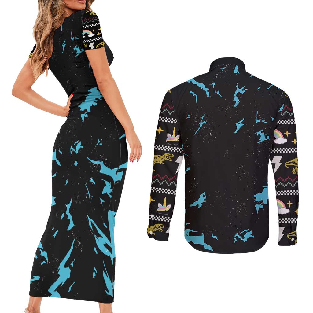 Christmas Dinosaur Unicorn Couples Matching Short Sleeve Bodycon Dress and Long Sleeve Button Shirt Ride Hard or Go Home - Wonder Print Shop