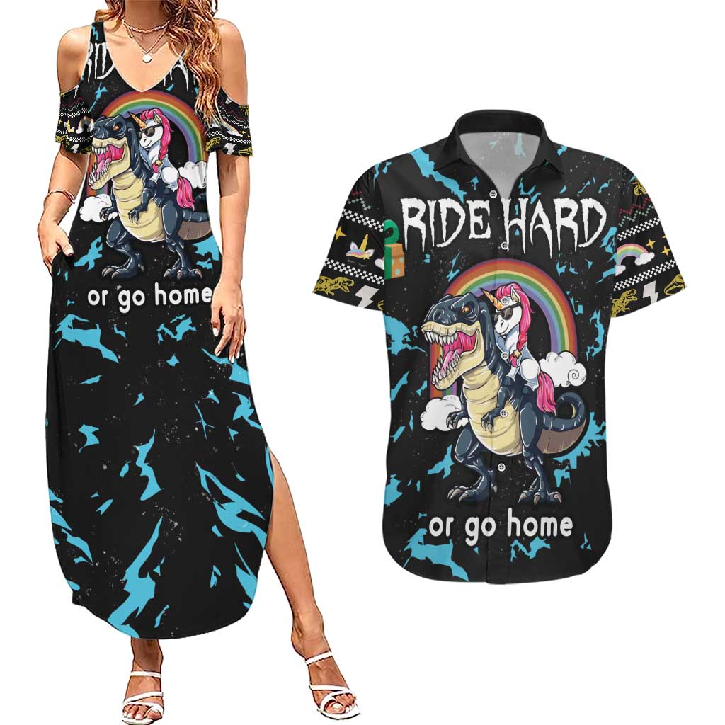 Christmas Dinosaur Unicorn Couples Matching Summer Maxi Dress and Hawaiian Shirt Ride Hard or Go Home - Wonder Print Shop