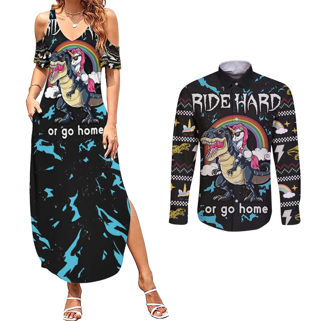 Christmas Dinosaur Unicorn Couples Matching Summer Maxi Dress and Long Sleeve Button Shirt Ride Hard or Go Home - Wonder Print Shop