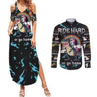 Christmas Dinosaur Unicorn Couples Matching Summer Maxi Dress and Long Sleeve Button Shirt Ride Hard or Go Home - Wonder Print Shop