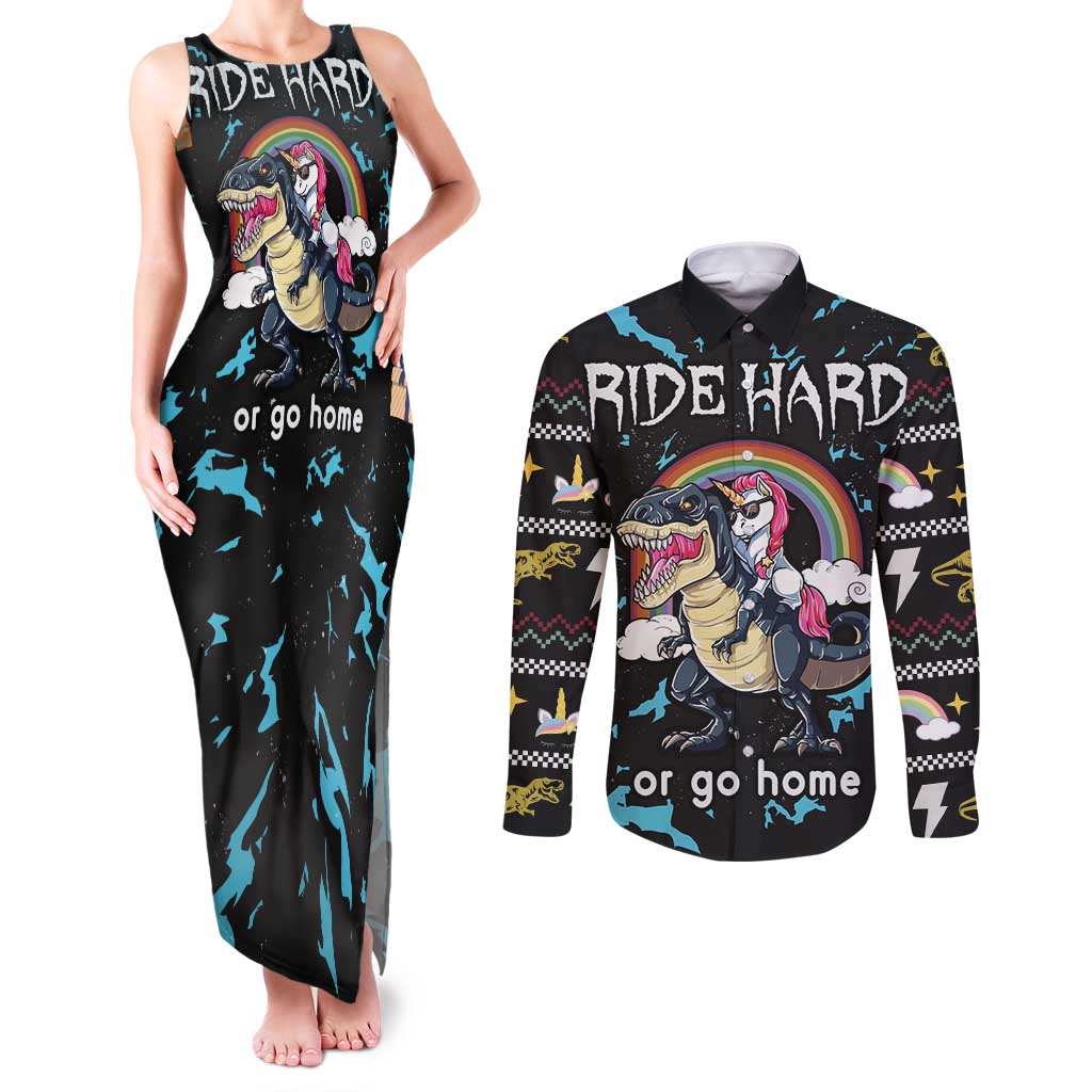 Christmas Dinosaur Unicorn Couples Matching Tank Maxi Dress and Long Sleeve Button Shirt Ride Hard or Go Home - Wonder Print Shop