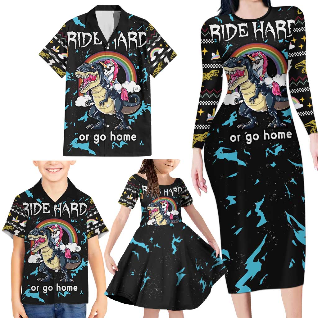 Christmas Dinosaur Unicorn Family Matching Long Sleeve Bodycon Dress and Hawaiian Shirt Ride Hard or Go Home - Wonder Print Shop