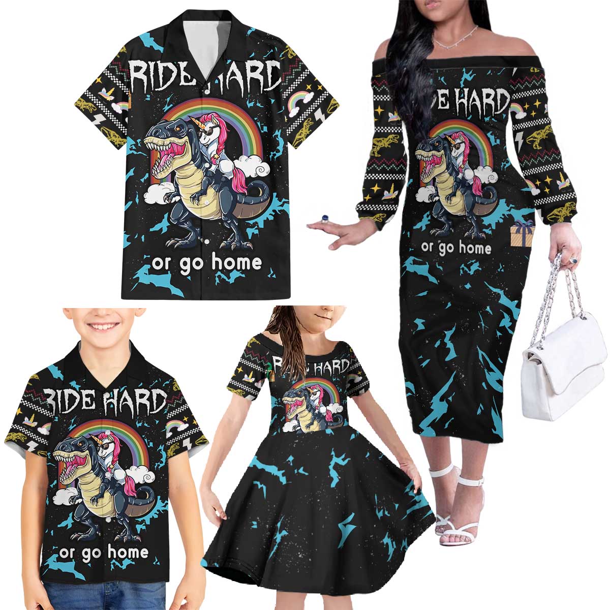 Christmas Dinosaur Unicorn Family Matching Off The Shoulder Long Sleeve Dress and Hawaiian Shirt Ride Hard or Go Home - Wonder Print Shop