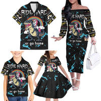Christmas Dinosaur Unicorn Family Matching Off The Shoulder Long Sleeve Dress and Hawaiian Shirt Ride Hard or Go Home - Wonder Print Shop