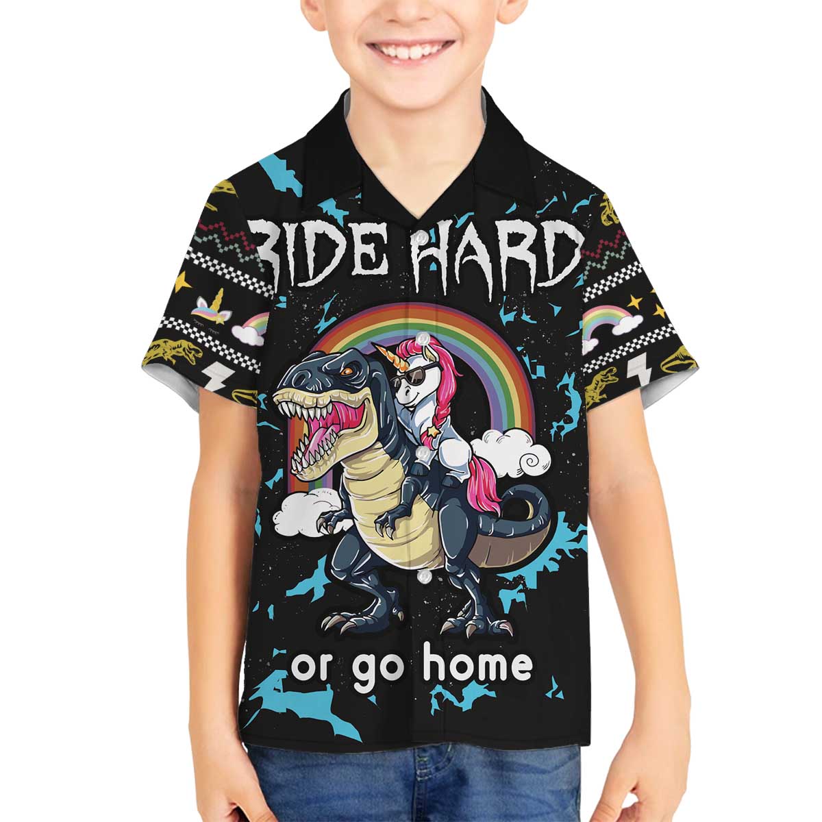 Christmas Dinosaur Unicorn Family Matching Off The Shoulder Long Sleeve Dress and Hawaiian Shirt Ride Hard or Go Home - Wonder Print Shop