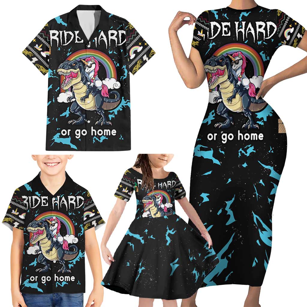 Christmas Dinosaur Unicorn Family Matching Short Sleeve Bodycon Dress and Hawaiian Shirt Ride Hard or Go Home - Wonder Print Shop