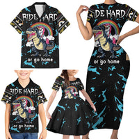 Christmas Dinosaur Unicorn Family Matching Short Sleeve Bodycon Dress and Hawaiian Shirt Ride Hard or Go Home - Wonder Print Shop