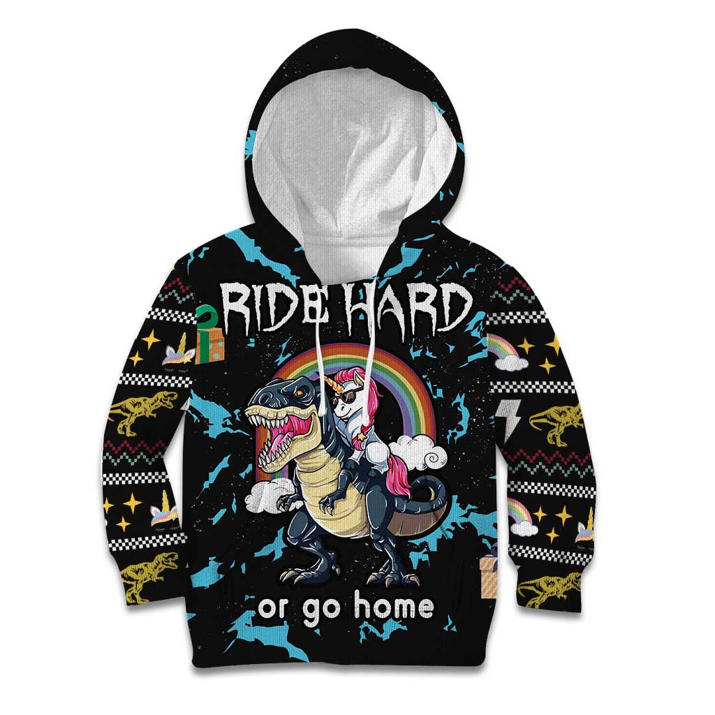 Christmas Dinosaur Unicorn Kid Hoodie Ride Hard or Go Home - Wonder Print Shop