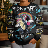 Christmas Dinosaur Unicorn Kid Ugly Christmas Sweater Ride Hard or Go Home - Wonder Print Shop