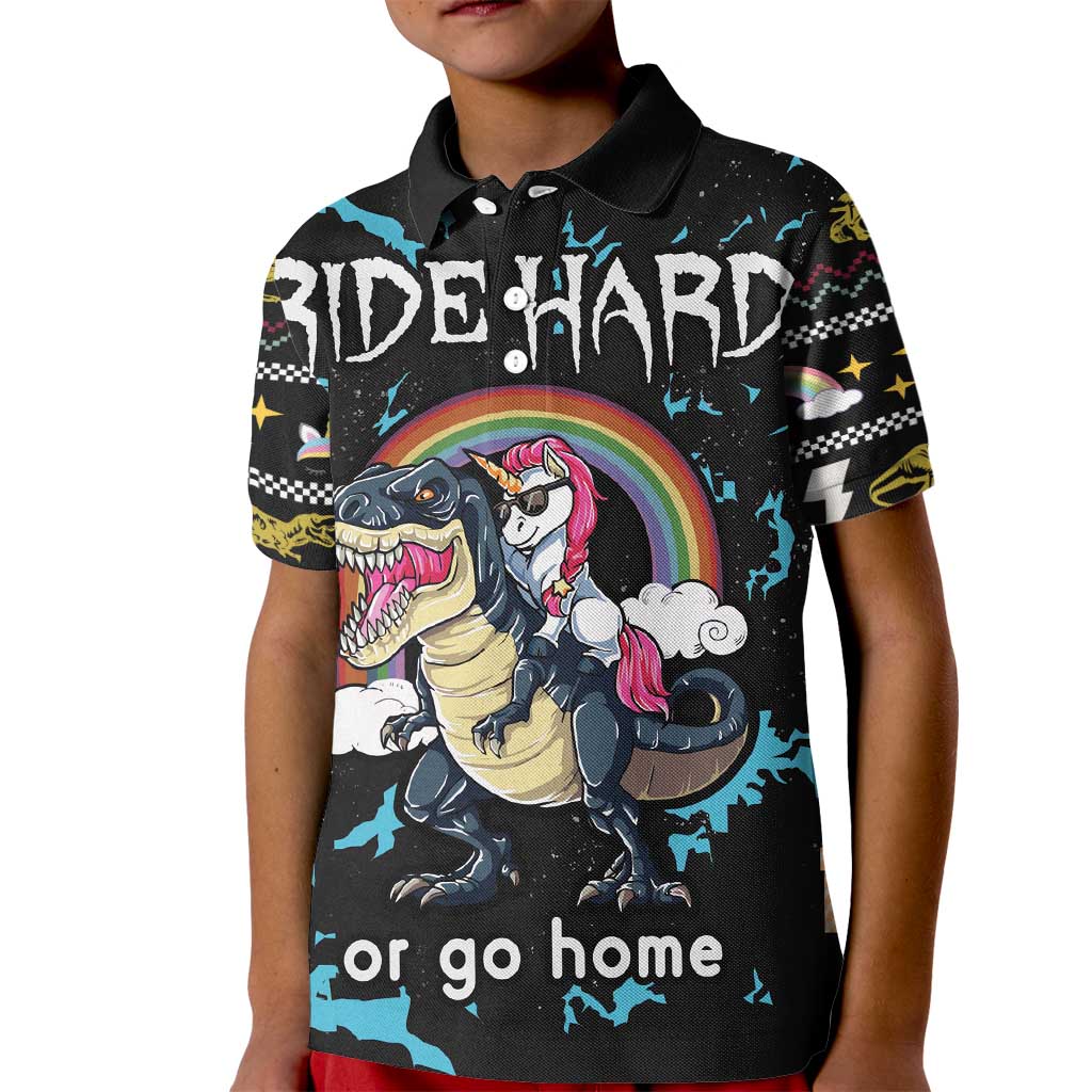 Christmas Dinosaur Unicorn Kid Polo Shirt Ride Hard or Go Home - Wonder Print Shop