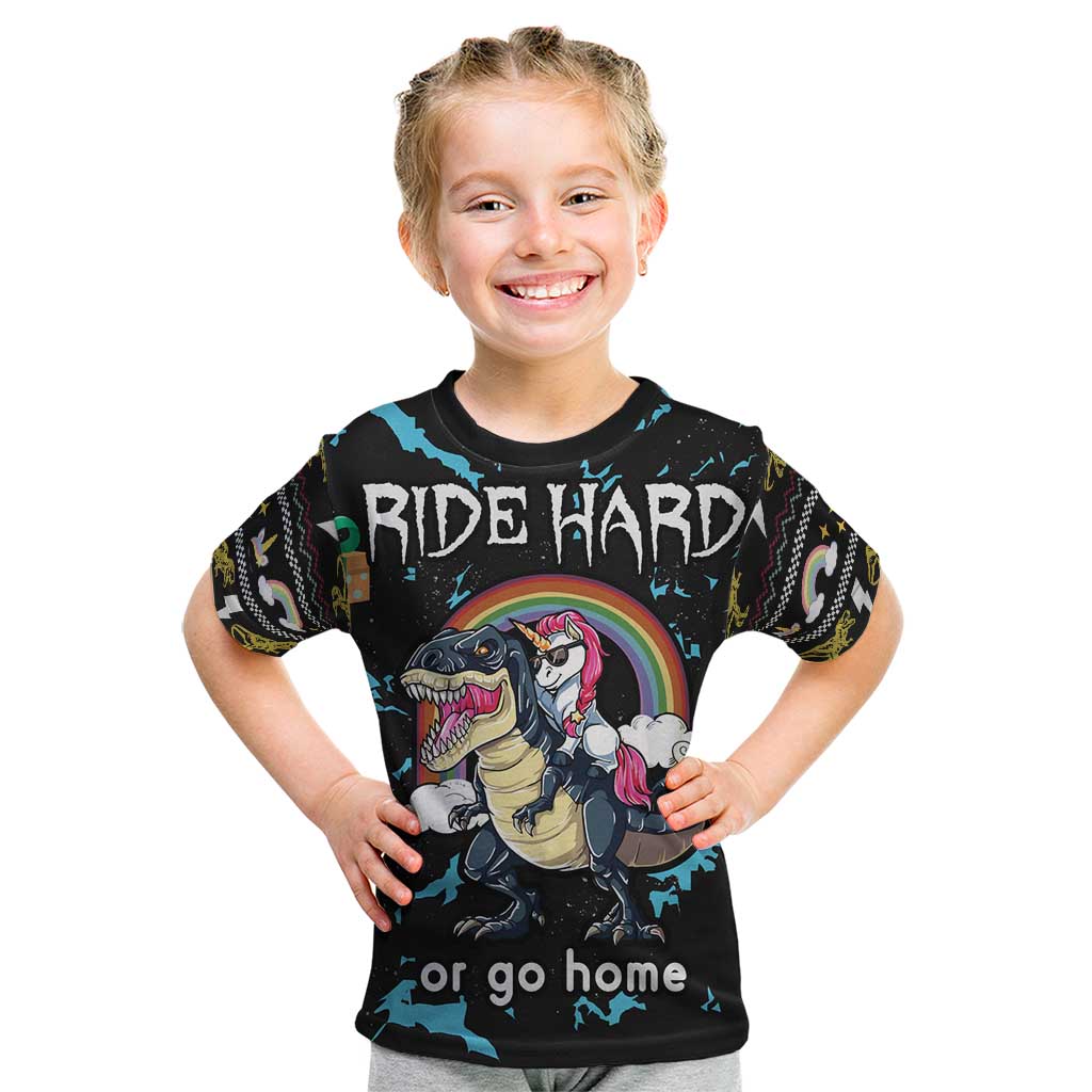 Christmas Dinosaur Unicorn Kid T Shirt Ride Hard or Go Home - Wonder Print Shop