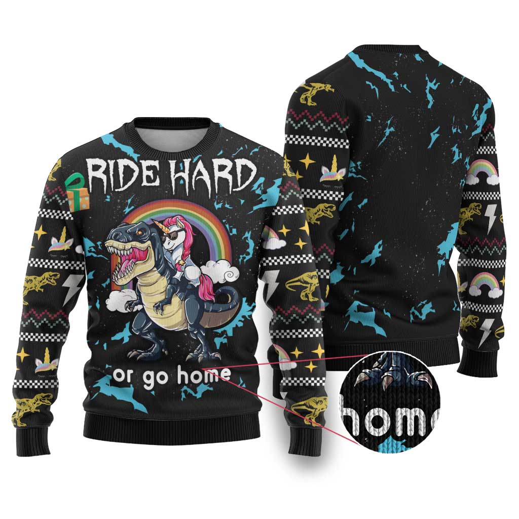 Christmas Dinosaur Unicorn Ugly Christmas Sweater Ride Hard or Go Home - Wonder Print Shop