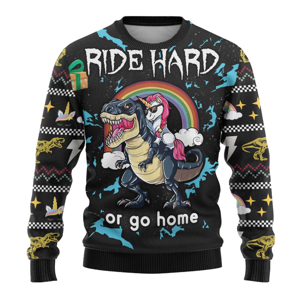 Christmas Dinosaur Unicorn Ugly Christmas Sweater Ride Hard or Go Home - Wonder Print Shop