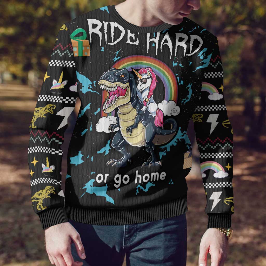 Christmas Dinosaur Unicorn Ugly Christmas Sweater Ride Hard or Go Home - Wonder Print Shop