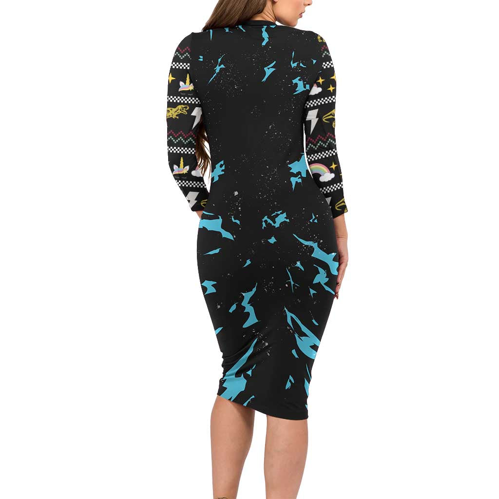 Christmas Dinosaur Unicorn Long Sleeve Bodycon Dress Ride Hard or Go Home - Wonder Print Shop