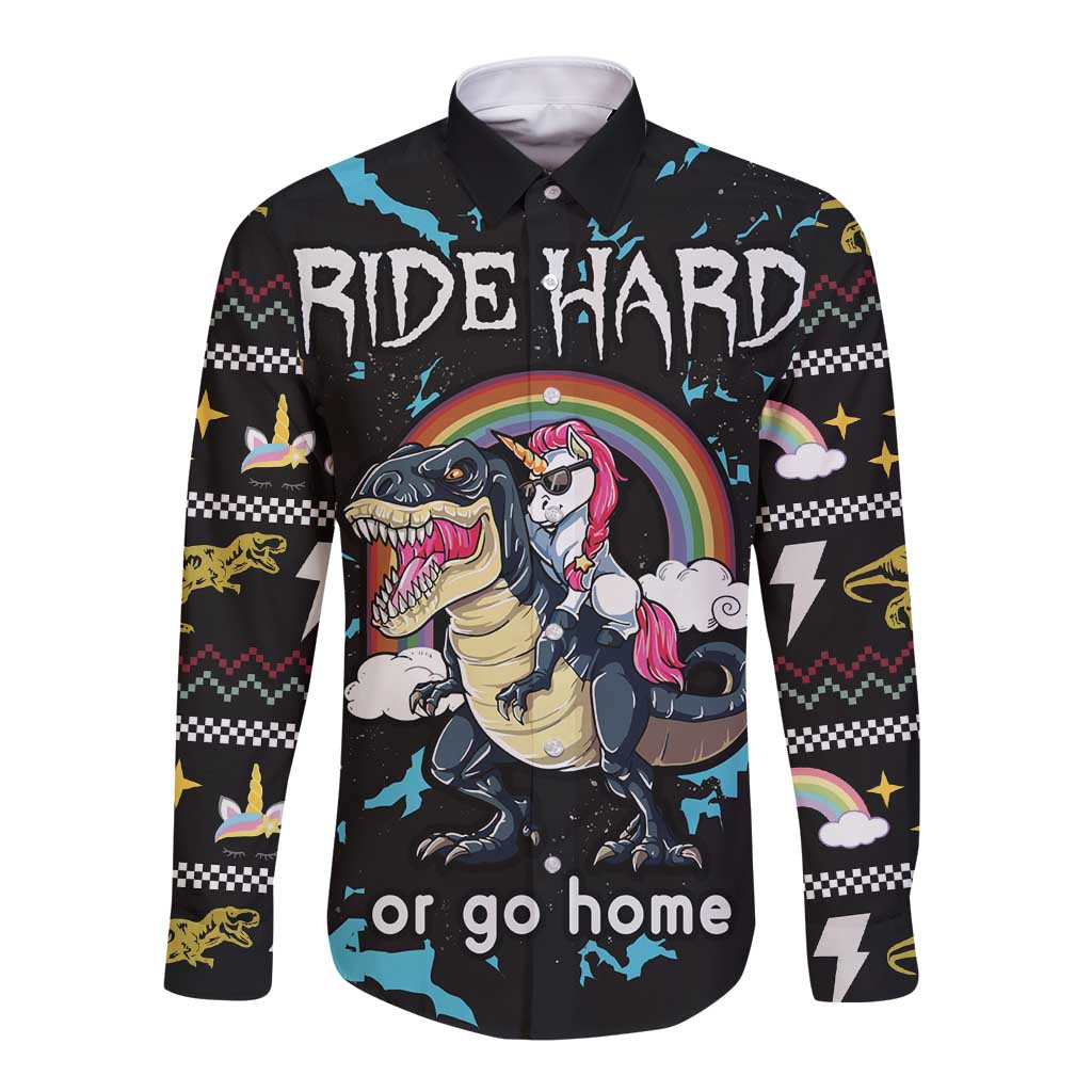 Christmas Dinosaur Unicorn Long Sleeve Button Shirt Ride Hard or Go Home - Wonder Print Shop