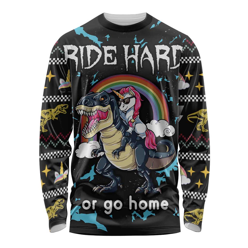 Christmas Dinosaur Unicorn Long Sleeve Shirt Ride Hard or Go Home - Wonder Print Shop