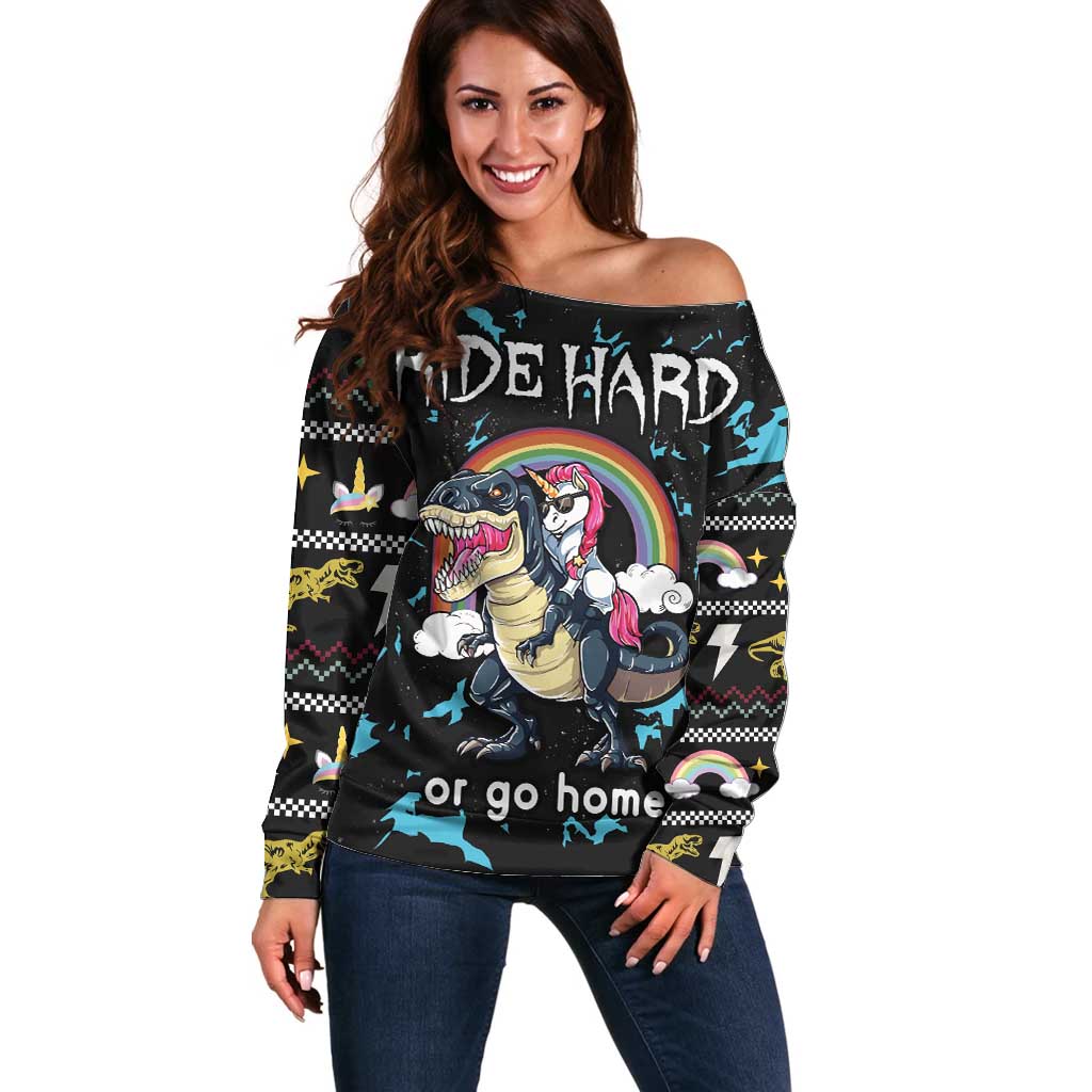 Christmas Dinosaur Unicorn Off Shoulder Sweater Ride Hard or Go Home - Wonder Print Shop