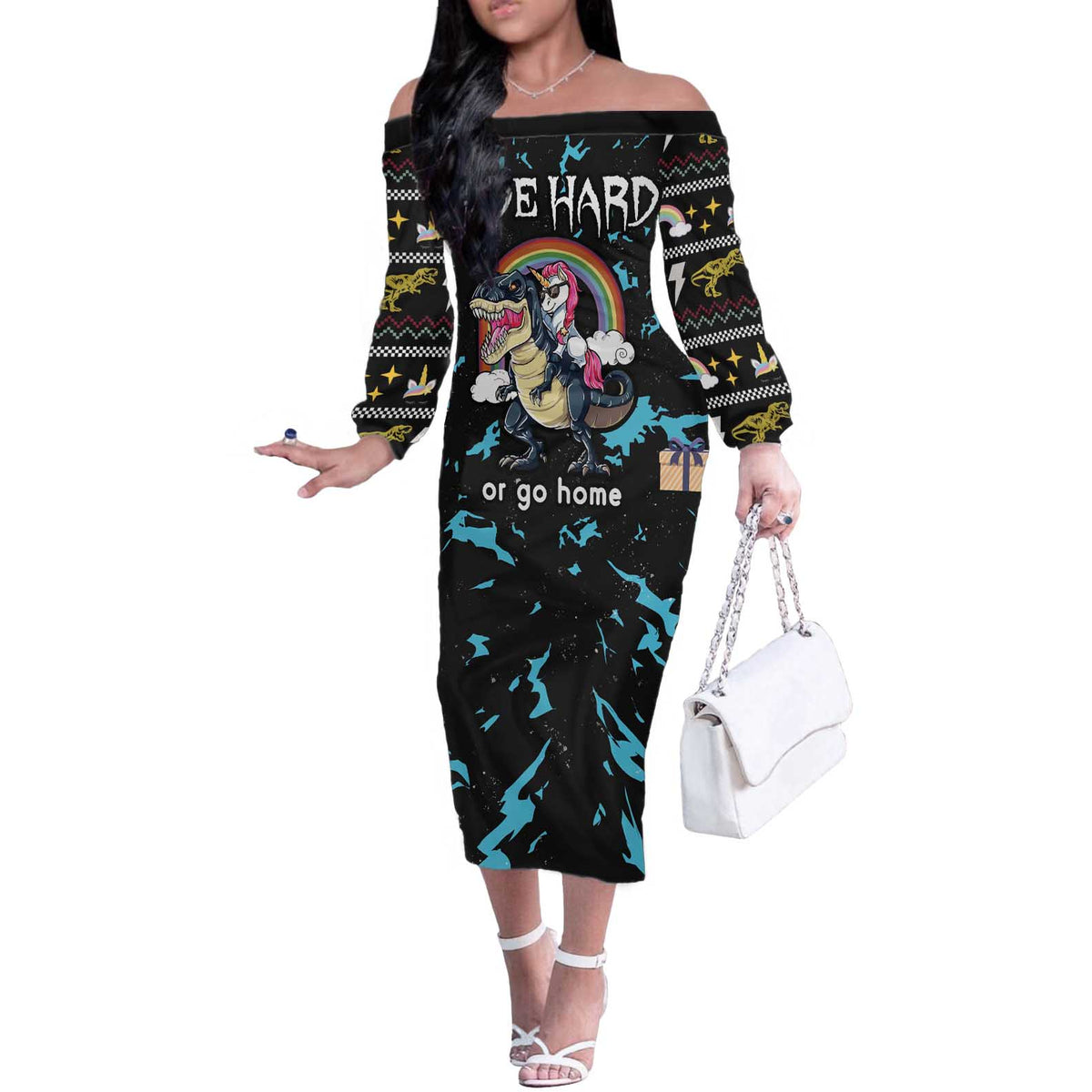 Christmas Dinosaur Unicorn Off The Shoulder Long Sleeve Dress Ride Hard or Go Home - Wonder Print Shop