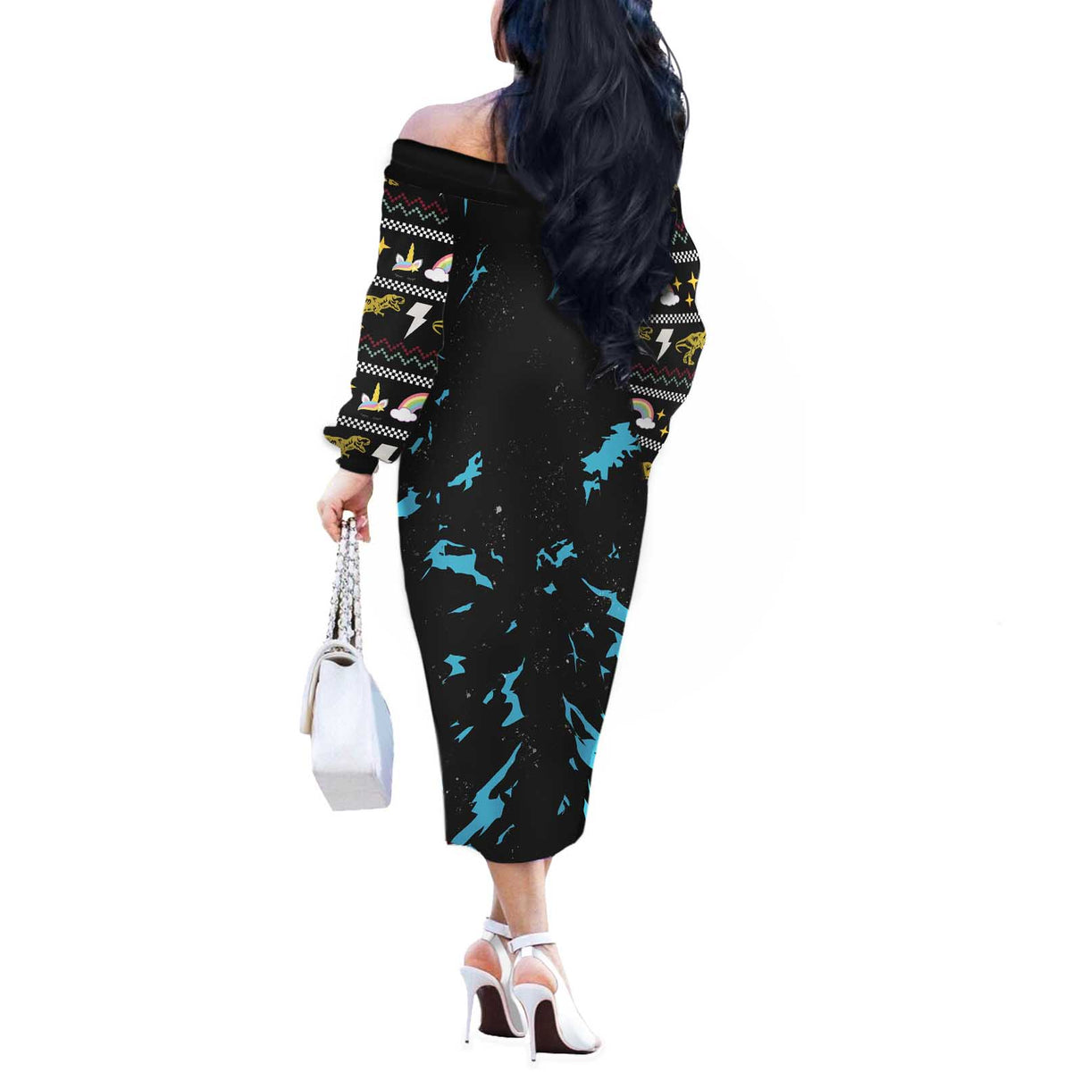 Christmas Dinosaur Unicorn Off The Shoulder Long Sleeve Dress Ride Hard or Go Home - Wonder Print Shop