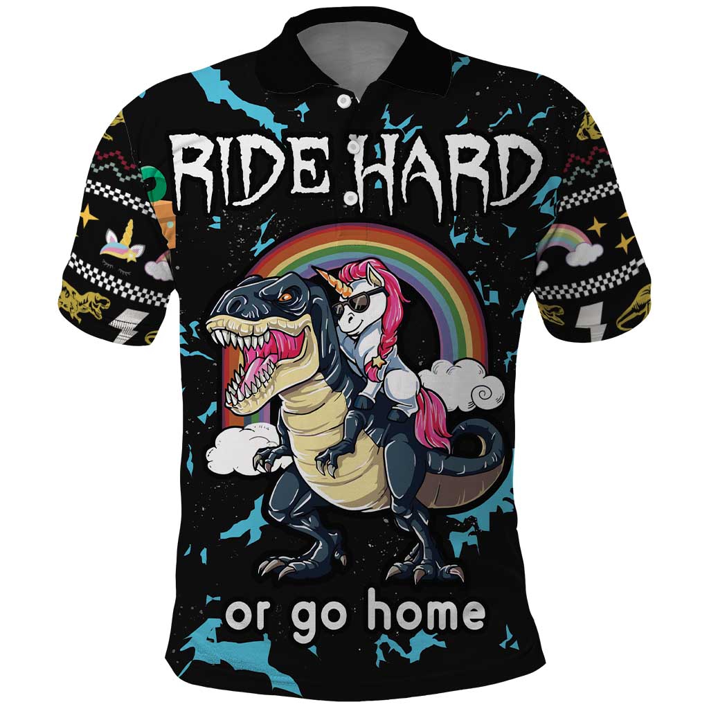 Christmas Dinosaur Unicorn Polo Shirt Ride Hard or Go Home - Wonder Print Shop