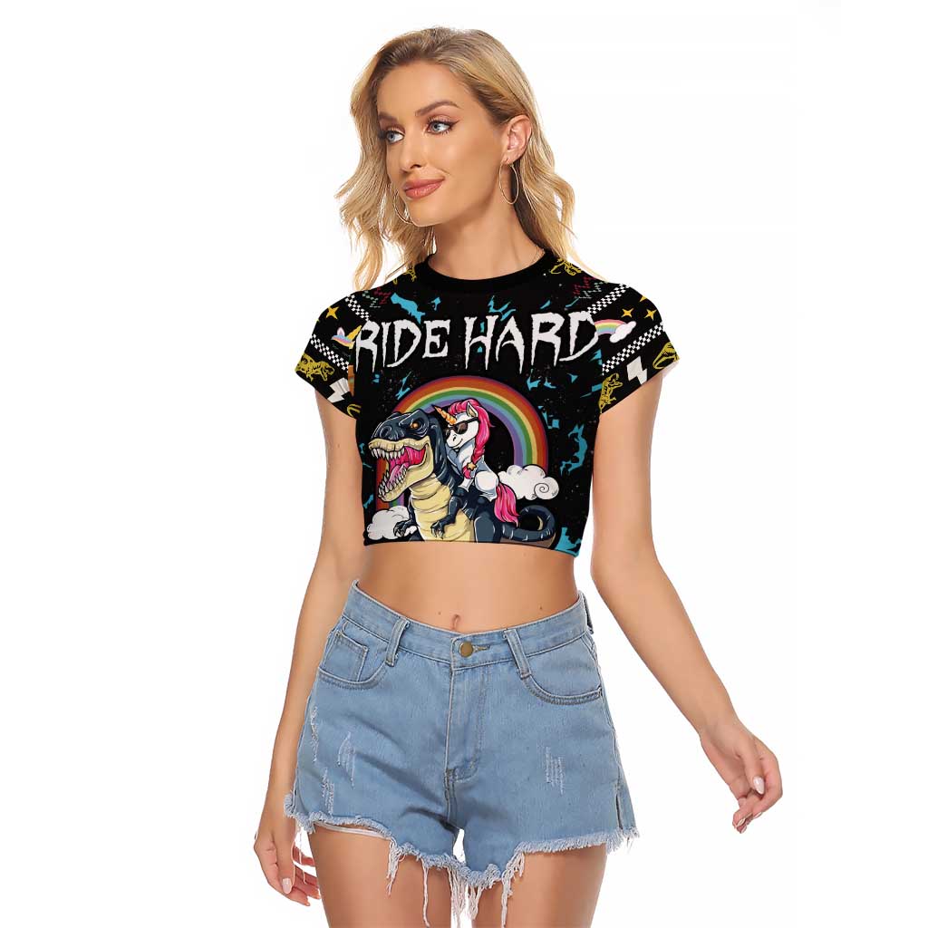 Christmas Dinosaur Unicorn Raglan Cropped T Shirt Ride Hard or Go Home - Wonder Print Shop
