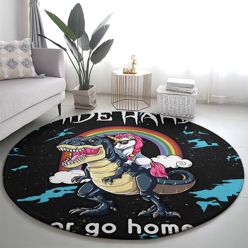 Christmas Dinosaur Unicorn Round Carpet Ride Hard or Go Home