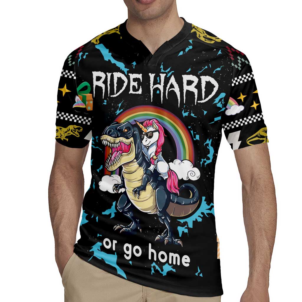 Christmas Dinosaur Unicorn Rugby Jersey Ride Hard or Go Home - Wonder Print Shop
