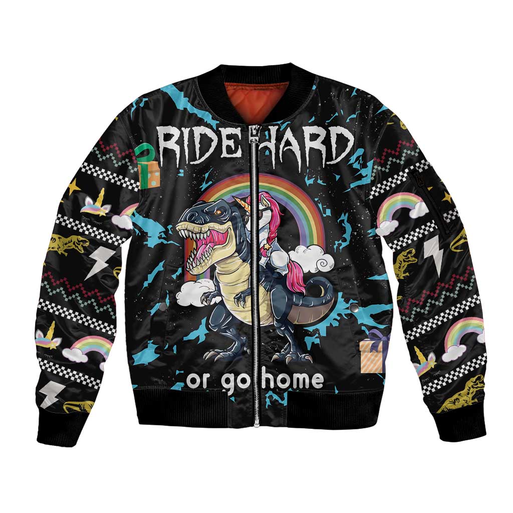 Christmas Dinosaur Unicorn Sleeve Zip Bomber Jacket Ride Hard or Go Home - Wonder Print Shop