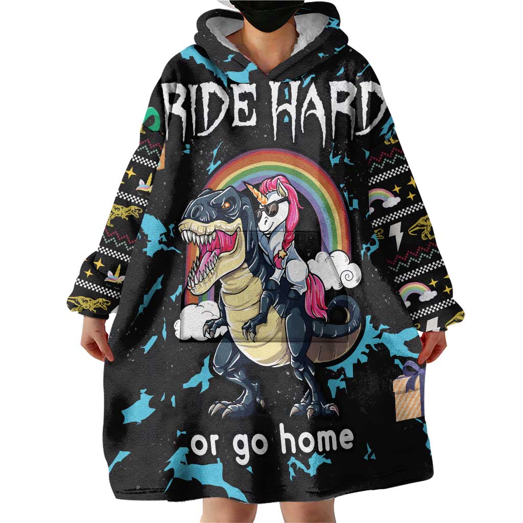 Christmas Dinosaur Unicorn Wearable Blanket Hoodie Ride Hard or Go Home - Wonder Print Shop