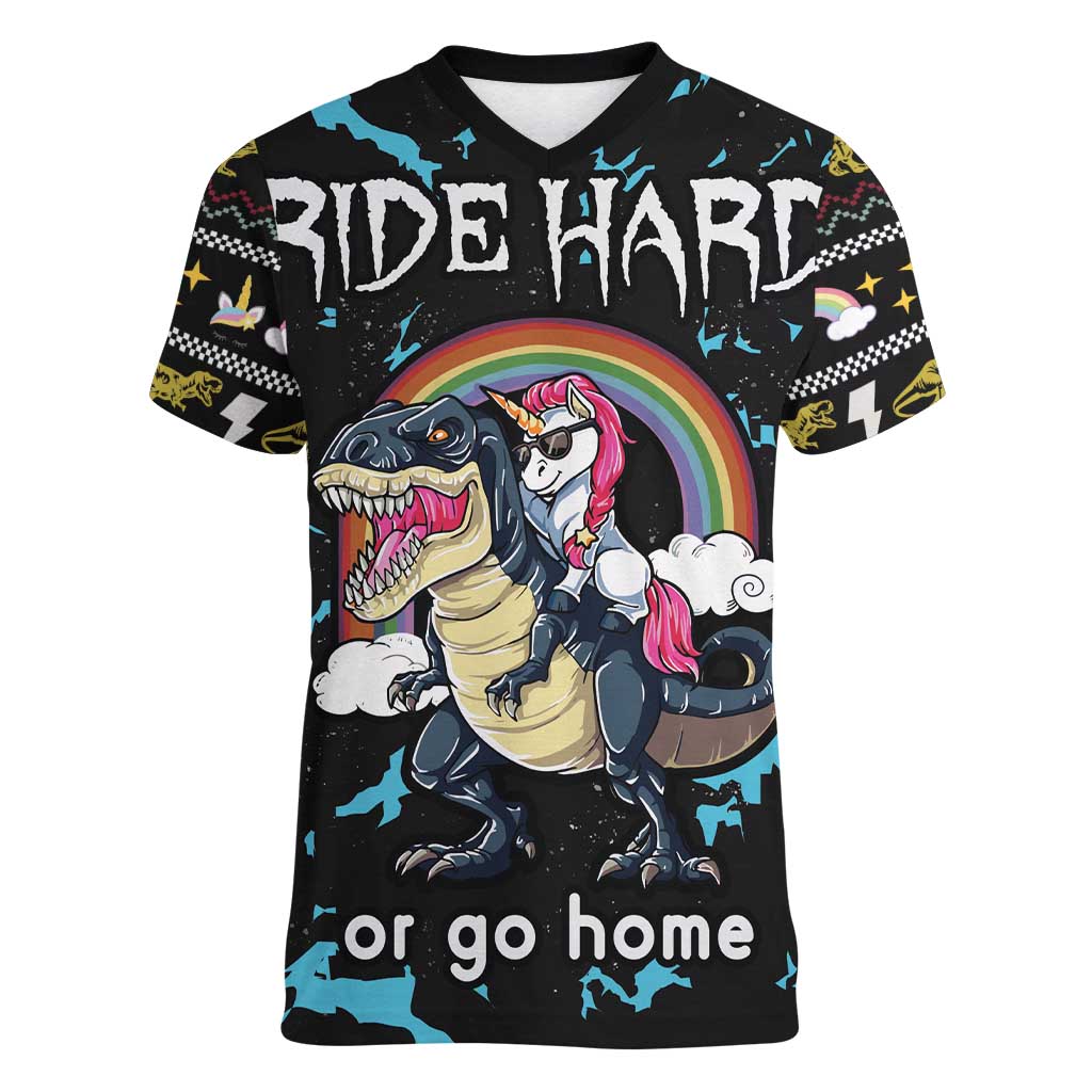 Christmas Dinosaur Unicorn Women V-Neck T-Shirt Ride Hard or Go Home - Wonder Print Shop