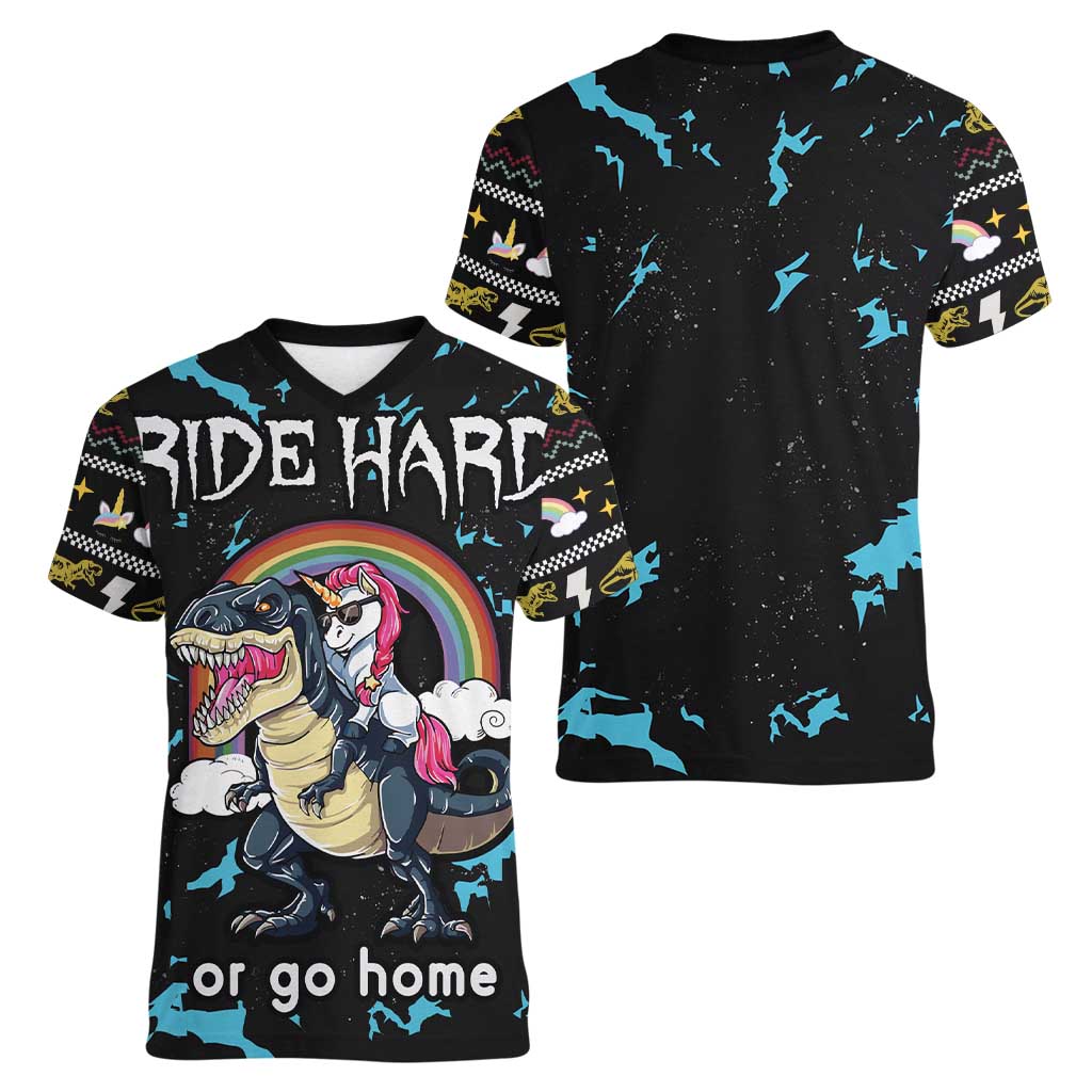 Christmas Dinosaur Unicorn Women V-Neck T-Shirt Ride Hard or Go Home - Wonder Print Shop