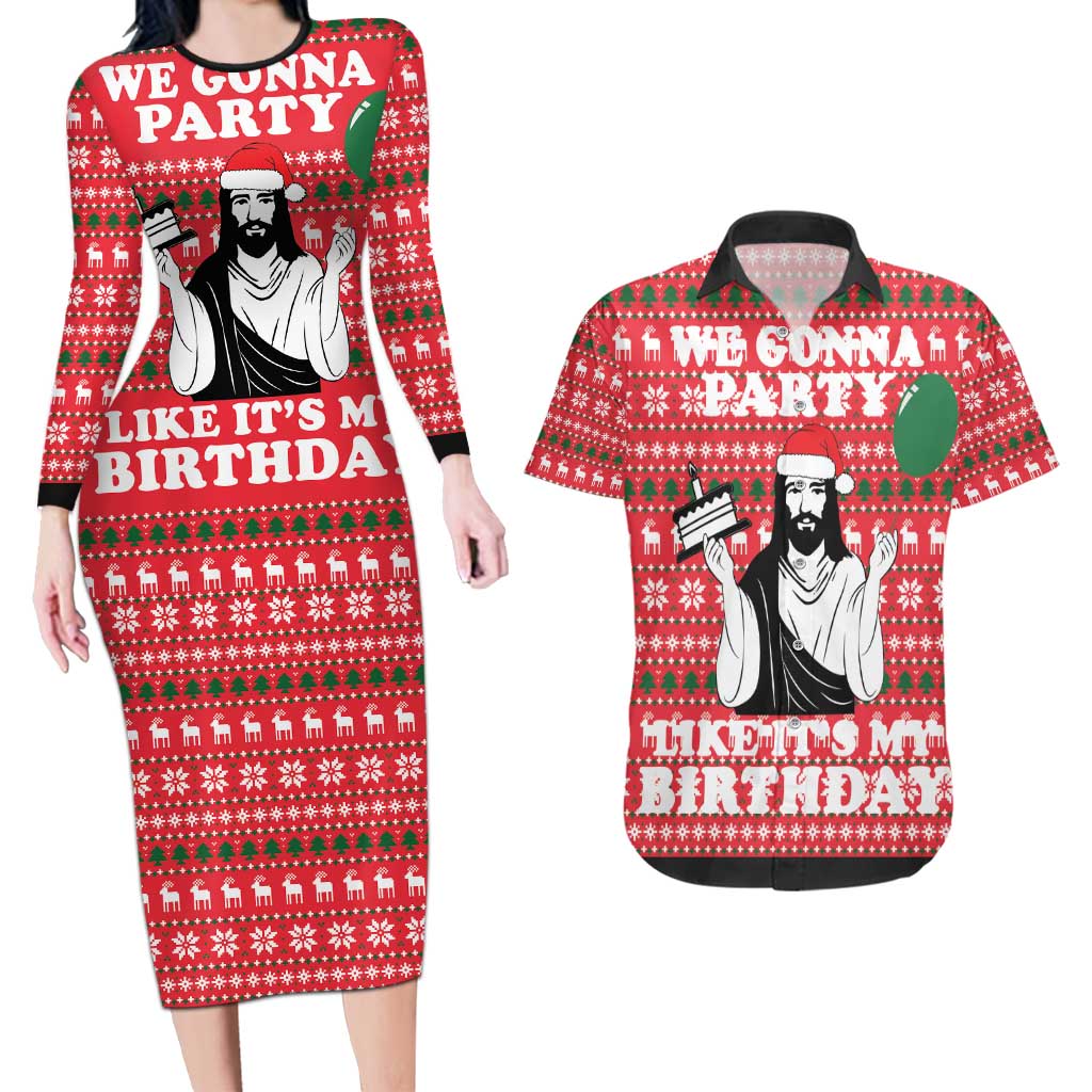 Christian Party Couples Matching Long Sleeve Bodycon Dress and Hawaiian Shirt God Christmas It's My Birthday - Wonder Print Shop