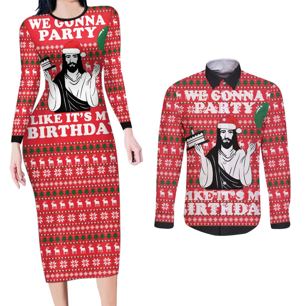 Christian Party Couples Matching Long Sleeve Bodycon Dress and Long Sleeve Button Shirt God Christmas It's My Birthday - Wonder Print Shop