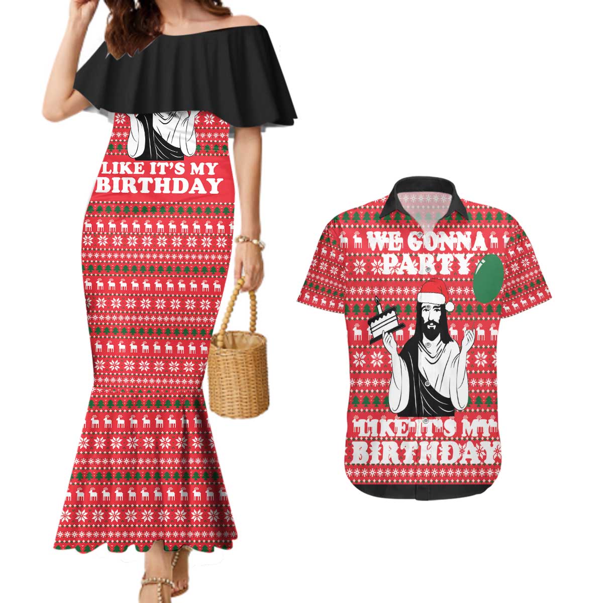 Christian Party Couples Matching Mermaid Dress and Hawaiian Shirt God Christmas It's My Birthday - Wonder Print Shop