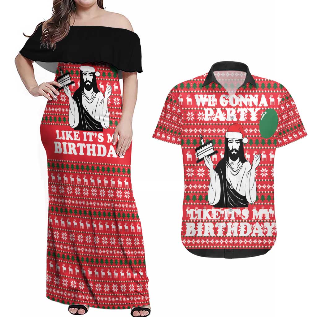 Christian Party Couples Matching Off Shoulder Maxi Dress and Hawaiian Shirt God Christmas It's My Birthday - Wonder Print Shop