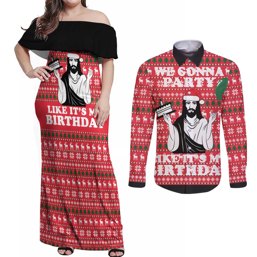 Christian Party Couples Matching Off Shoulder Maxi Dress and Long Sleeve Button Shirt God Christmas It's My Birthday - Wonder Print Shop
