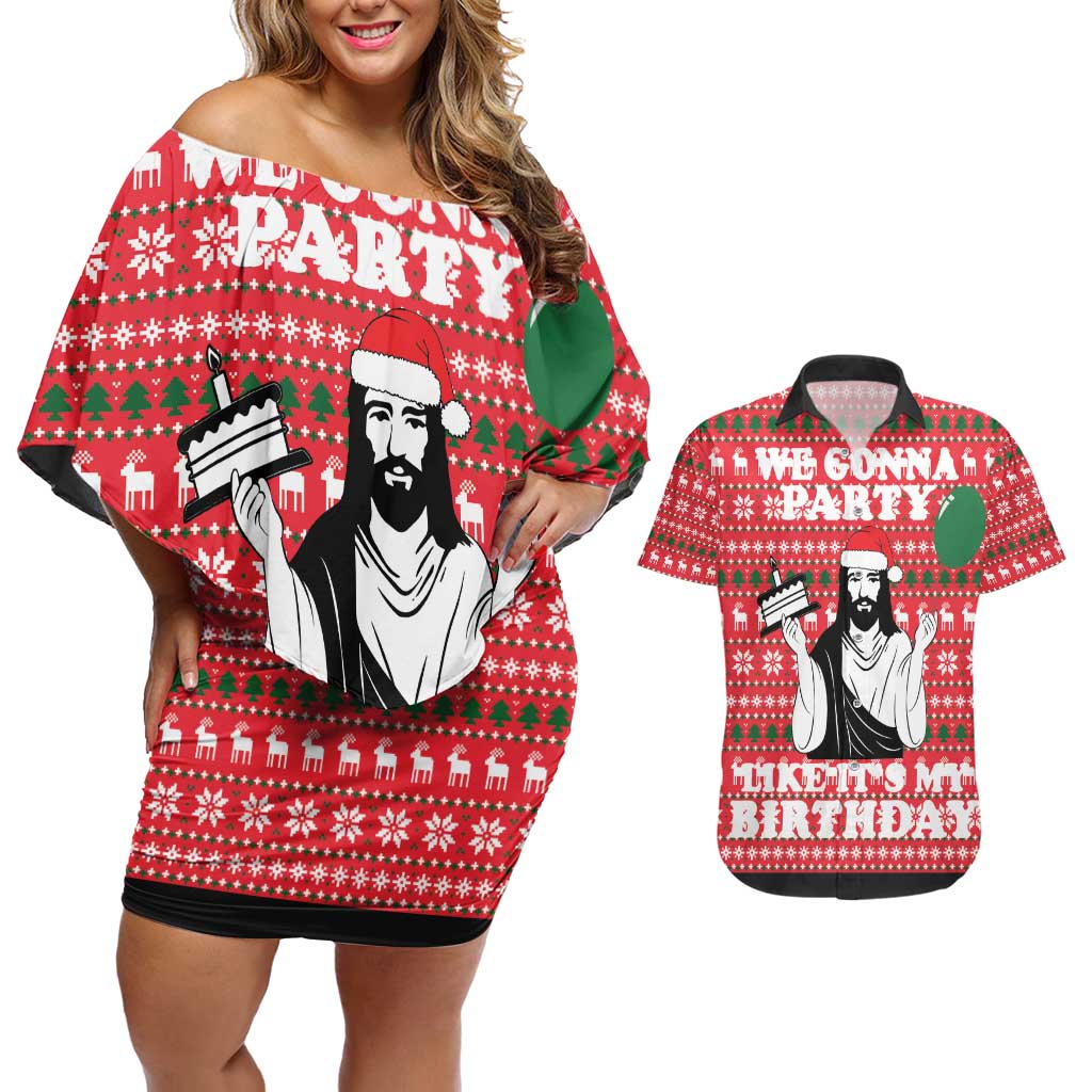 Christian Party Couples Matching Off Shoulder Short Dress and Hawaiian Shirt God Christmas It's My Birthday - Wonder Print Shop