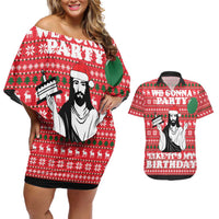Christian Party Couples Matching Off Shoulder Short Dress and Hawaiian Shirt God Christmas It's My Birthday - Wonder Print Shop