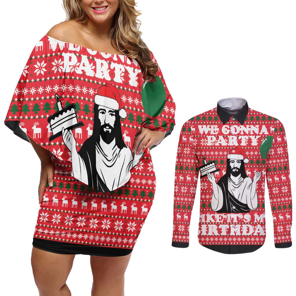 Christian Party Couples Matching Off Shoulder Short Dress and Long Sleeve Button Shirt God Christmas It's My Birthday - Wonder Print Shop