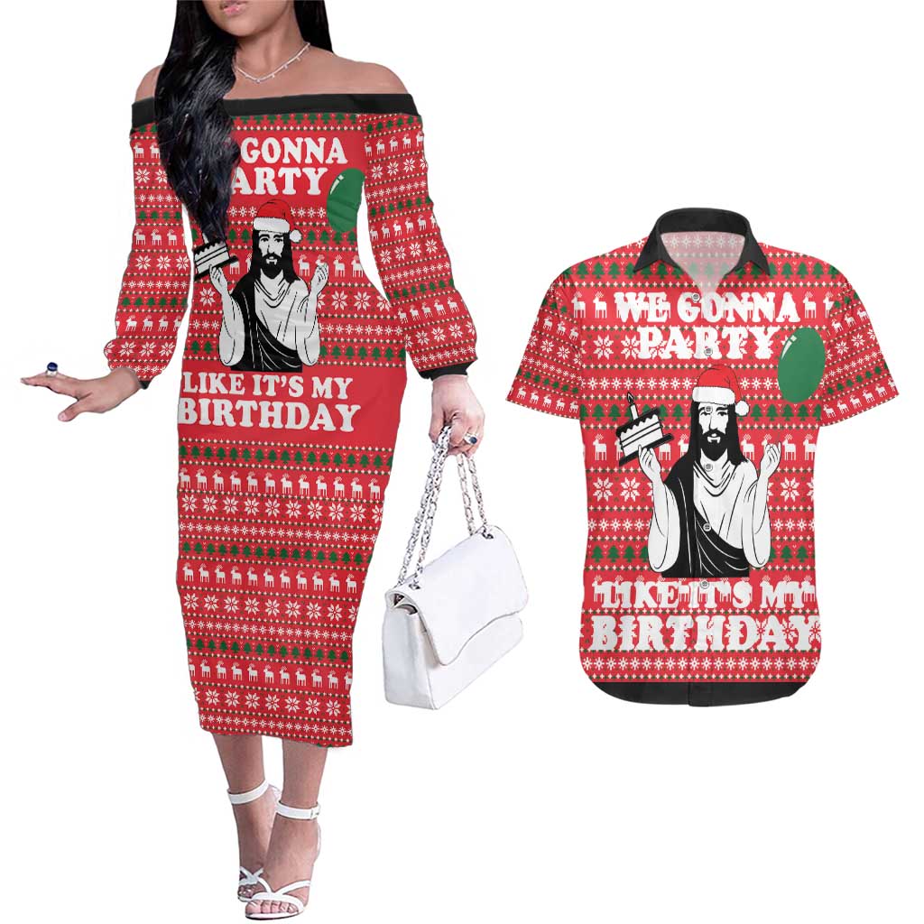 Christian Party Couples Matching Off The Shoulder Long Sleeve Dress and Hawaiian Shirt God Christmas It's My Birthday - Wonder Print Shop