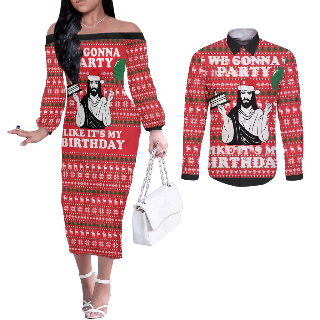 Christian Party Couples Matching Off The Shoulder Long Sleeve Dress and Long Sleeve Button Shirt God Christmas It's My Birthday