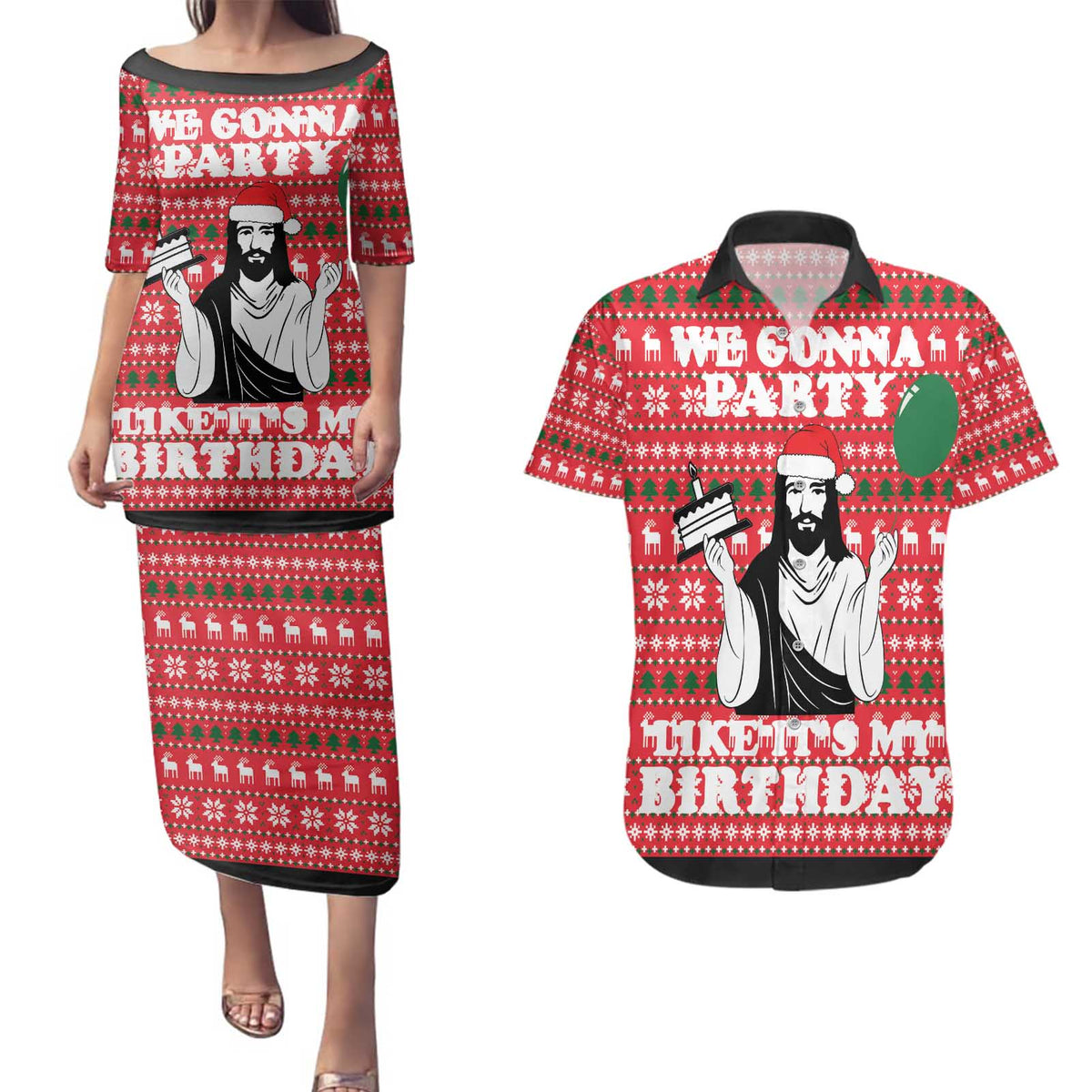 Christian Party Couples Matching Puletasi and Hawaiian Shirt God Christmas It's My Birthday - Wonder Print Shop