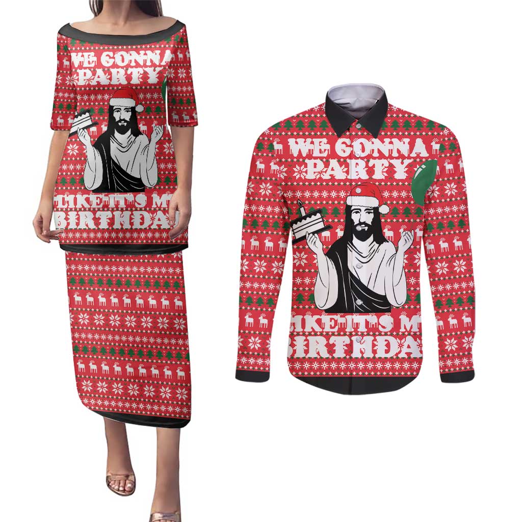 Christian Party Couples Matching Puletasi and Long Sleeve Button Shirt God Christmas It's My Birthday - Wonder Print Shop