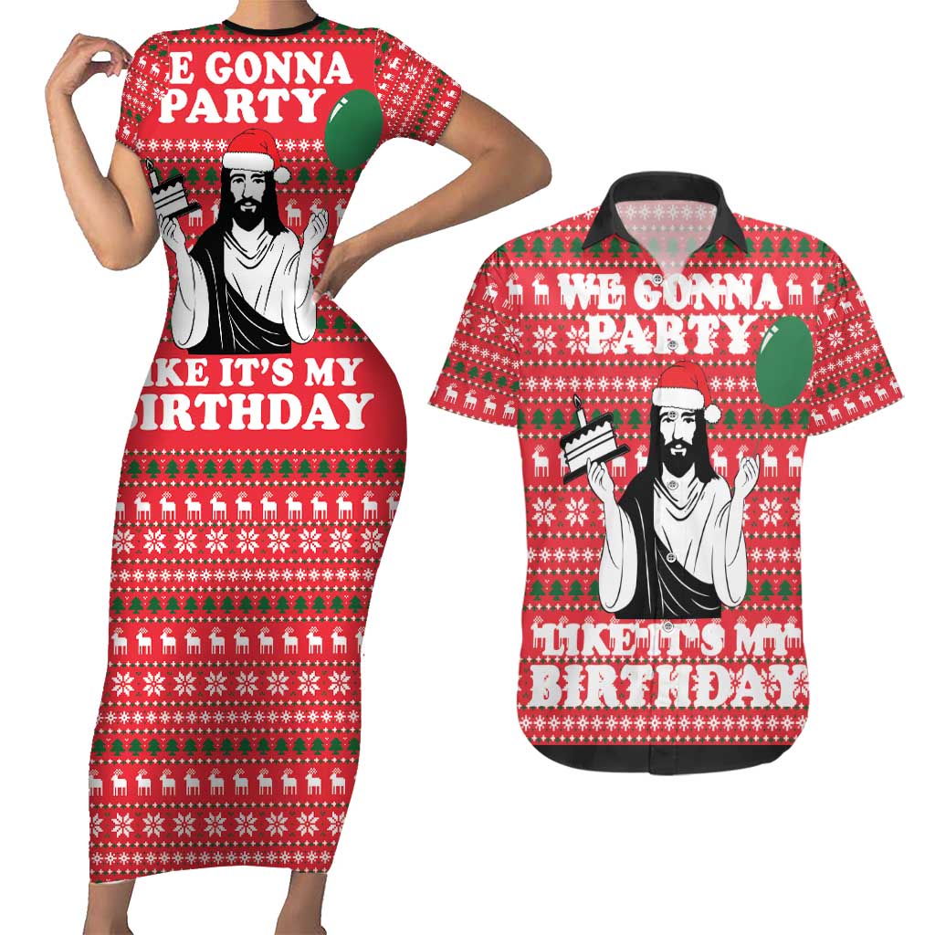 Christian Party Couples Matching Short Sleeve Bodycon Dress and Hawaiian Shirt God Christmas It's My Birthday - Wonder Print Shop