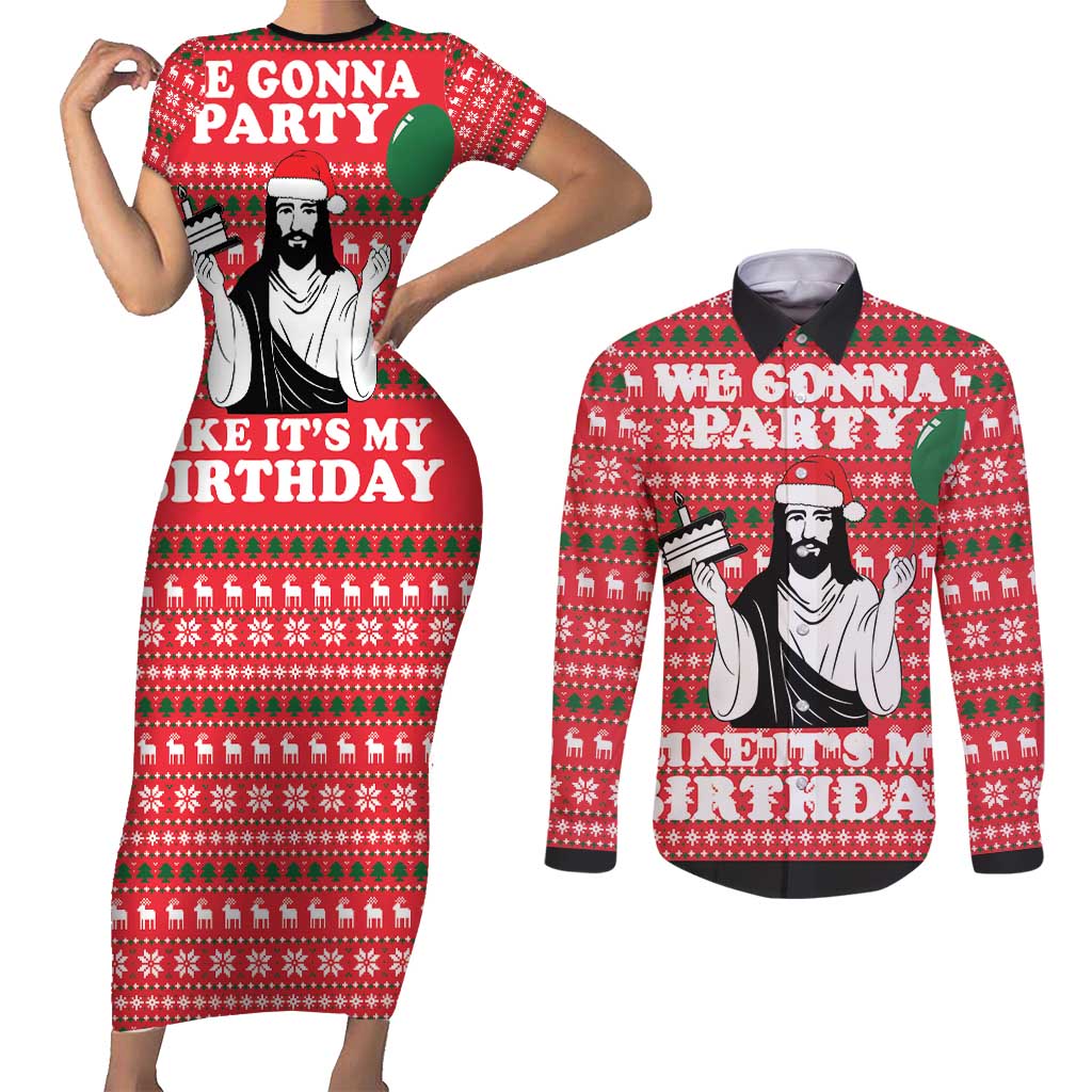Christian Party Couples Matching Short Sleeve Bodycon Dress and Long Sleeve Button Shirt God Christmas It's My Birthday - Wonder Print Shop
