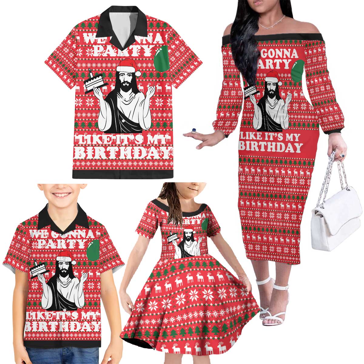 Christian Party Family Matching Off The Shoulder Long Sleeve Dress and Hawaiian Shirt God Christmas It's My Birthday - Wonder Print Shop