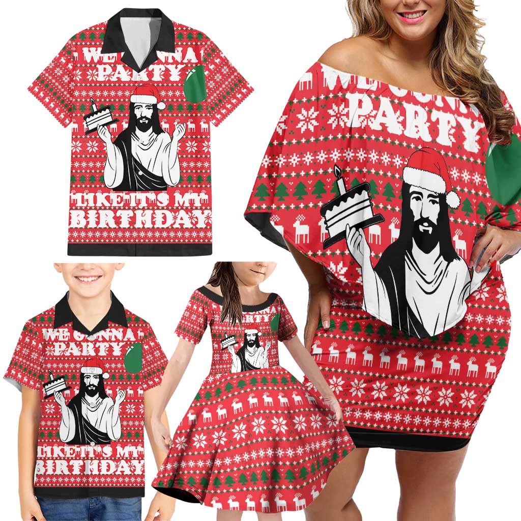 Christian Party Family Matching Off Shoulder Short Dress and Hawaiian Shirt God Christmas It's My Birthday - Wonder Print Shop