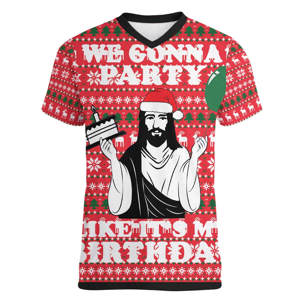 Christian Party Women V-Neck T-Shirt God Christmas It's My Birthday - Wonder Print Shop