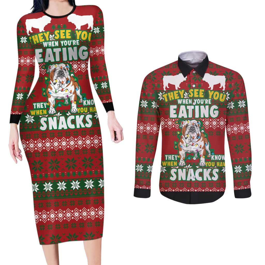 Bulldog Snacks Christmas Couples Matching Long Sleeve Bodycon Dress and Long Sleeve Button Shirt They Know You Have Snacks - Wonder Print Shop
